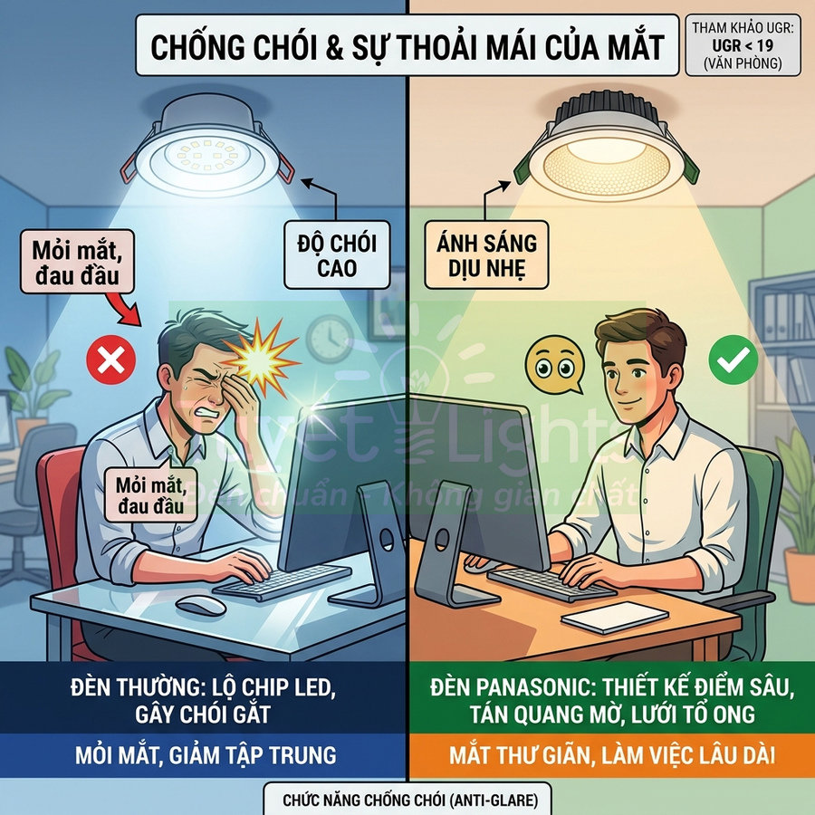 So sánh đèn LED thường và đèn Panasonic chống chói giúp mắt thoải mái khi làm việc máy tính