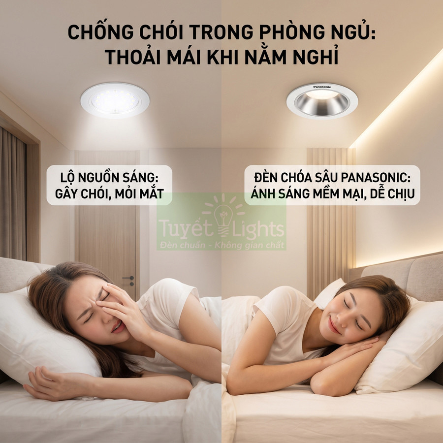 Đèn âm trần chống chói Panasonic trong phòng ngủ cho ánh sáng mềm mại giúp người dùng ngủ thoải mái