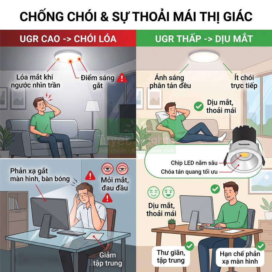 So sánh đèn LED Panasonic UGR thấp dịu mắt với đèn trần chói lóa gây mỏi mắt khi làm việc và thư giãn