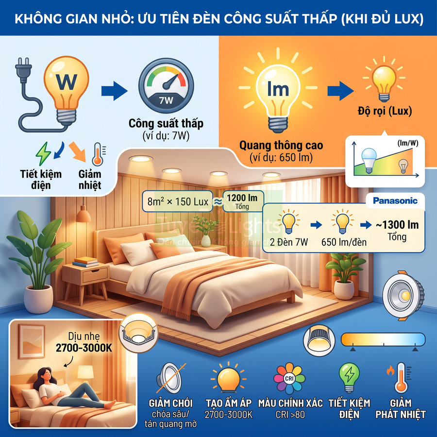 Infographic hướng dẫn chọn đèn LED Panasonic công suất thấp cho phòng ngủ nhỏ, tiết kiệm điện và tạo ánh sáng ấm áp