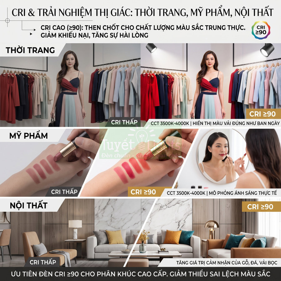 So sánh ánh sáng CRI thấp và CRI ≥90 cho thời trang, mỹ phẩm và nội thất, làm nổi bật màu sắc trung thực