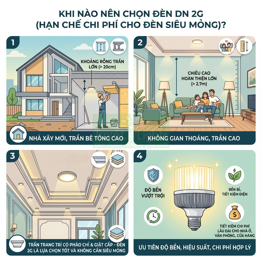 Infographic hướng dẫn chọn đèn DN 2G cho nhà trần bê tông cao, không gian thoáng và trần trang trí phào chỉ