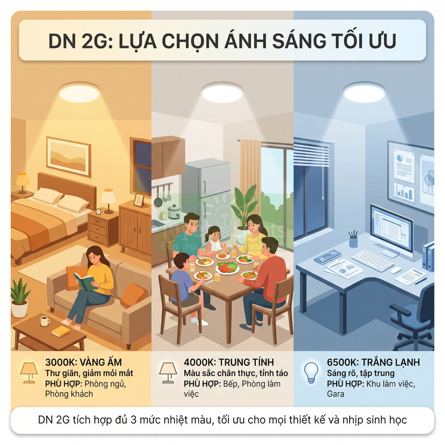Đèn LED DN 2G ba mức nhiệt màu 3000K 4000K 6500K cho phòng ngủ phòng khách bếp phòng làm việc và khu làm việc