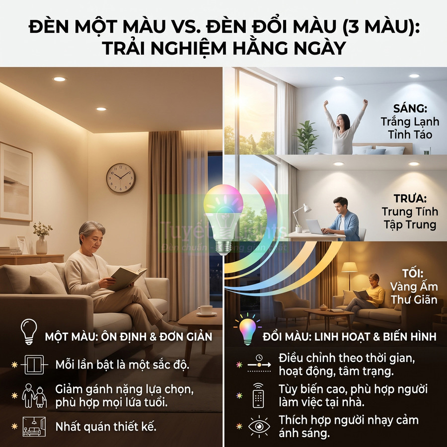 Đèn LED một màu và đèn LED đổi màu 3 chế độ sáng cho phòng khách và phòng làm việc