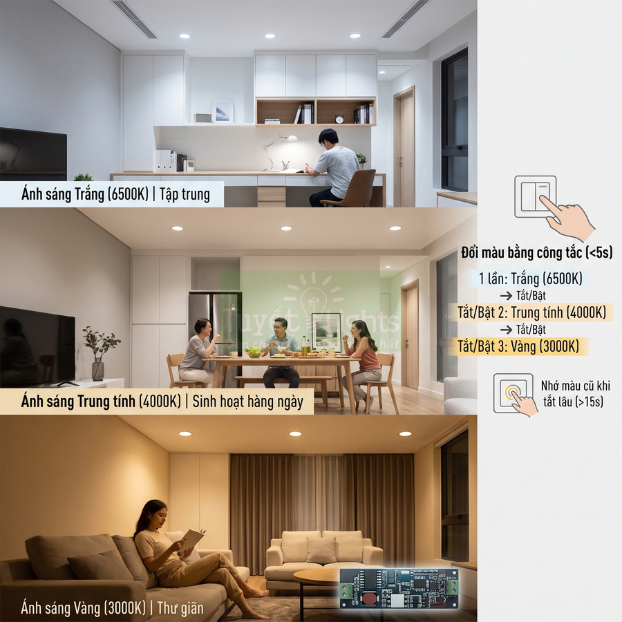 Đèn LED đổi 3 màu trắng trung tính vàng điều chỉnh bằng công tắc cho phòng làm việc ăn uống thư giãn