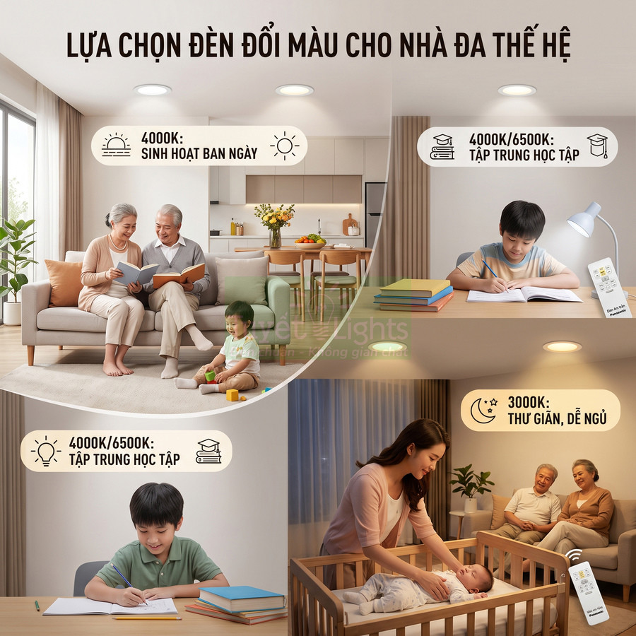 Đèn LED đổi màu cho nhà nhiều thế hệ, điều chỉnh 3000K 4000K 6500K cho sinh hoạt, học tập và thư giãn