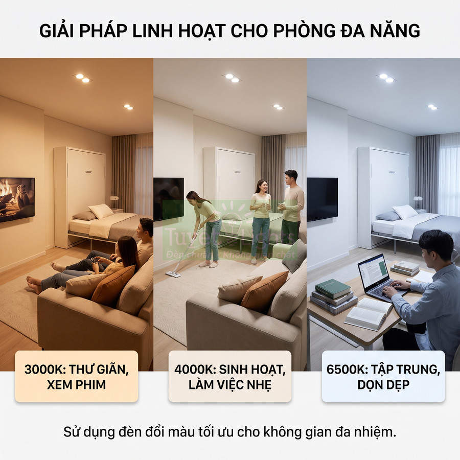 Đèn trần đổi màu 3000K 4000K 6500K cho phòng đa năng dùng thư giãn sinh hoạt làm việc tập trung