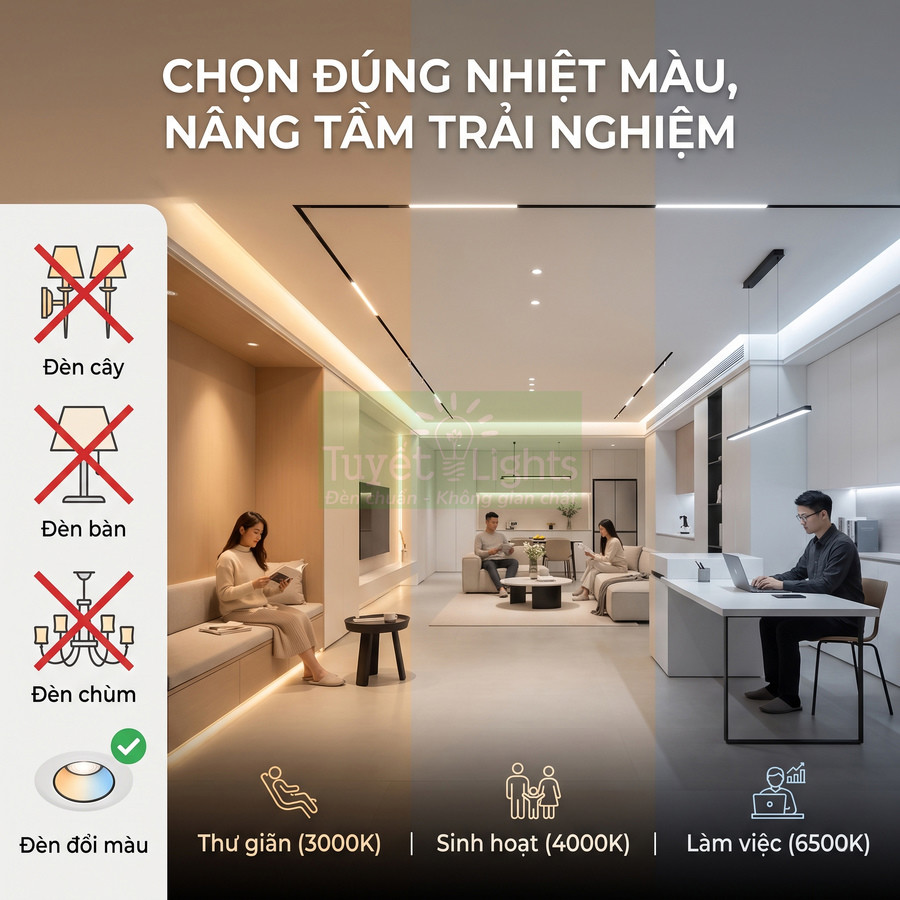 Đèn LED đổi màu Tuyết Lights với ba nhiệt độ 3000K thư giãn, 4000K sinh hoạt và 6500K làm việc trong phòng khách hiện đại
