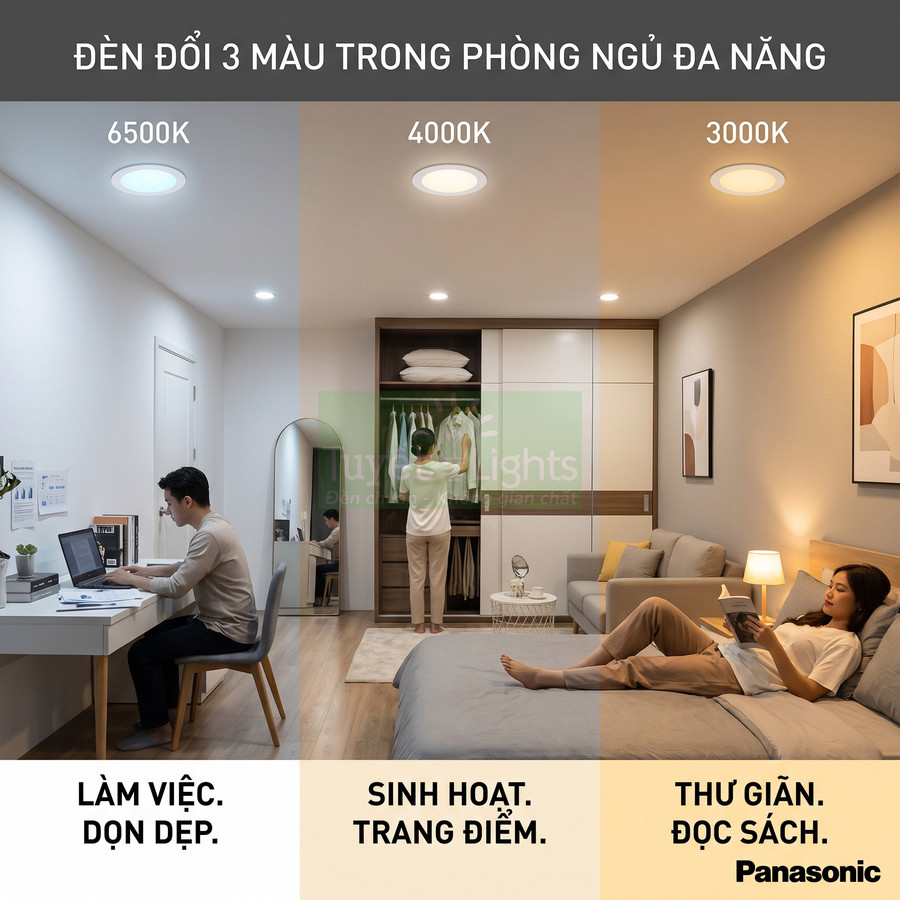 Đèn trần Panasonic đổi 3 màu 6500K 4000K 3000K cho phòng ngủ đa năng làm việc sinh hoạt thư giãn đọc sách