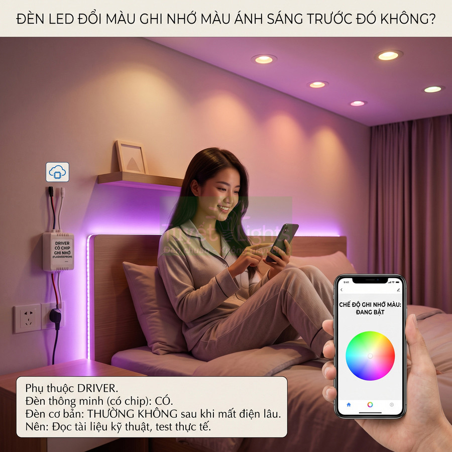 Đèn LED đổi màu phòng ngủ điều khiển bằng điện thoại, hiển thị chế độ ghi nhớ màu ánh sáng trên ứng dụng