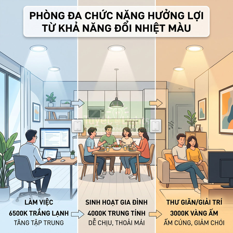 Đèn LED đổi nhiệt màu cho phòng làm việc, sinh hoạt gia đình và thư giãn với ánh sáng trắng, trung tính, vàng ấm