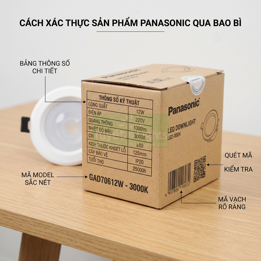 Đèn LED downlight Panasonic và hộp bao bì ghi rõ thông số kỹ thuật, mã model GAD70612W 3000K
