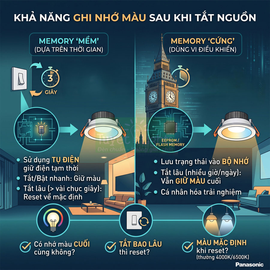 Đèn downlight Panasonic có chức năng ghi nhớ màu ánh sáng sau khi tắt bật nguồn