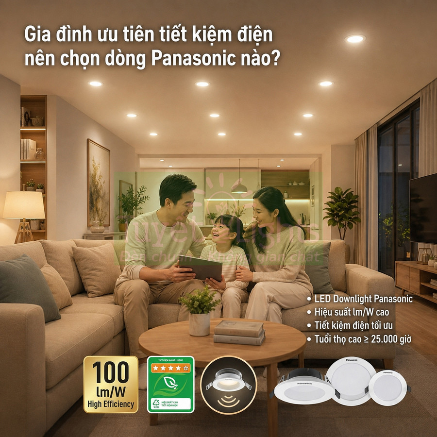 Gia đình quây quần trong phòng khách sử dụng đèn LED downlight Panasonic tiết kiệm điện, ánh sáng ấm áp