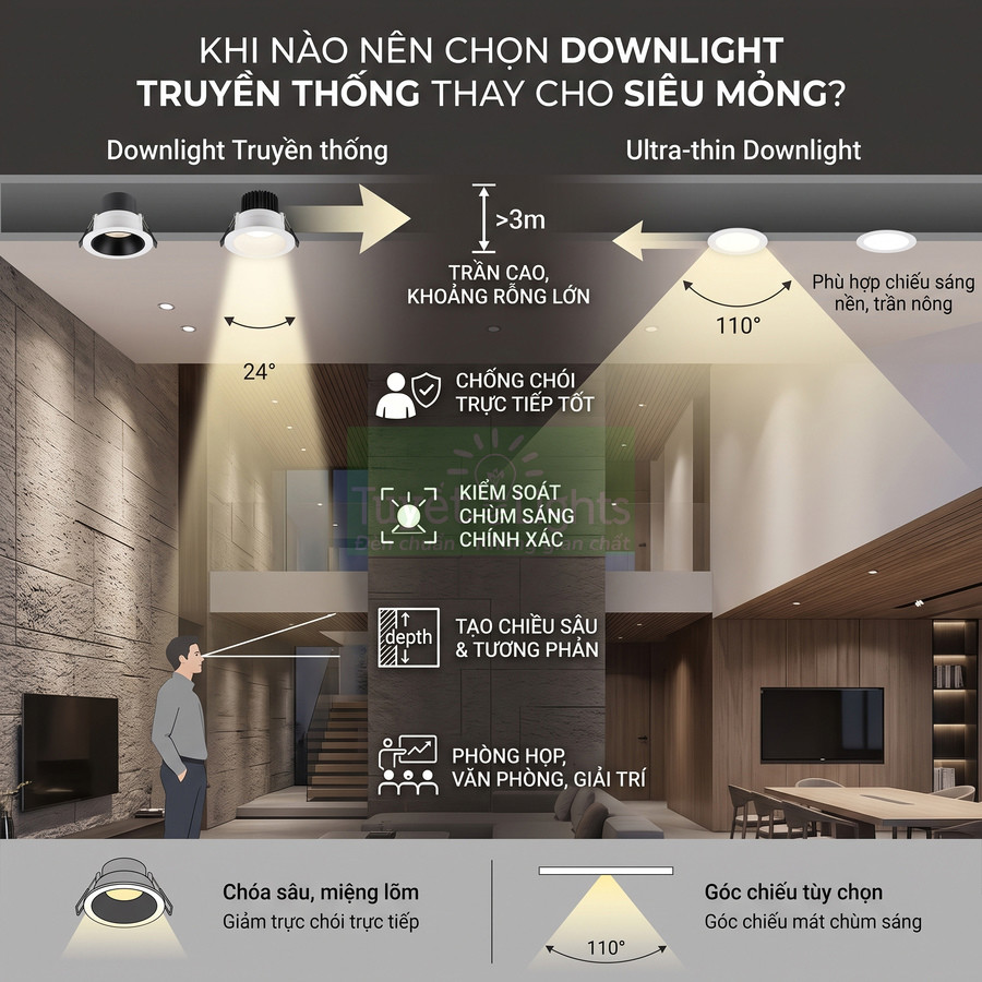 So sánh đèn downlight truyền thống và đèn downlight siêu mỏng cho trần cao, phòng khách hiện đại