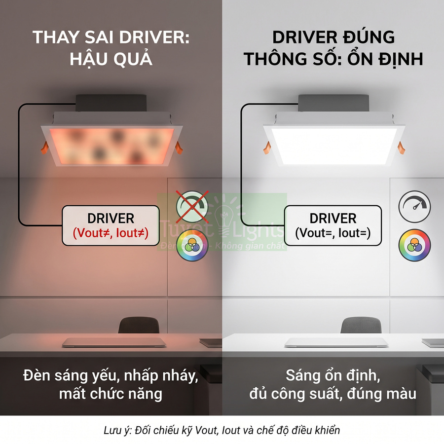 So sánh đèn LED âm trần dùng driver sai thông số gây nhấp nháy với driver đúng giúp ánh sáng ổn định, đủ công suất