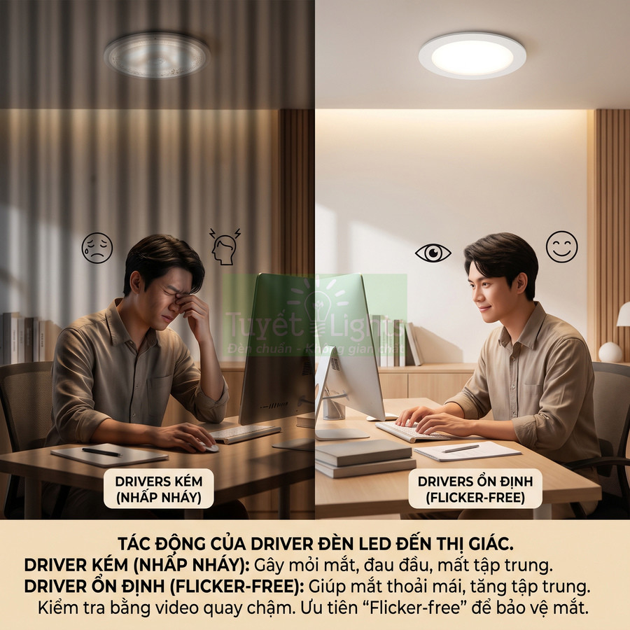 So sánh đèn LED trần driver kém gây mỏi mắt và đèn LED trần driver ổn định flicker free cho làm việc máy tính