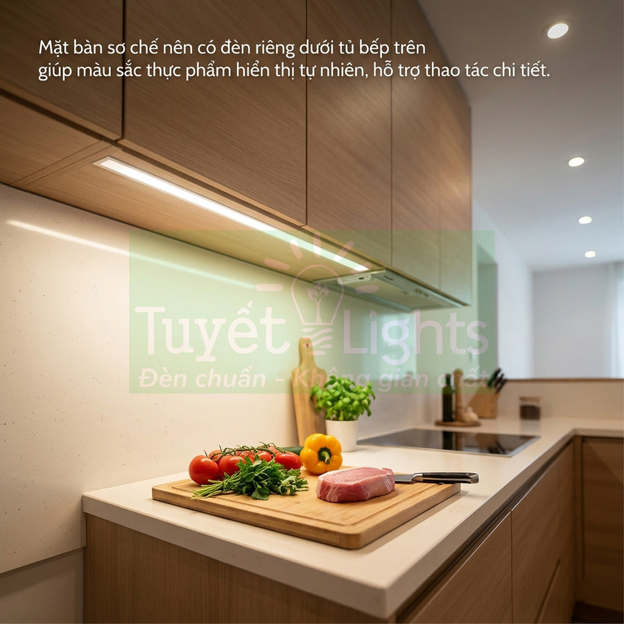 Đèn led dưới tủ bếp Tuyết Lights chiếu sáng mặt bàn chế biến với thớt thịt và rau củ