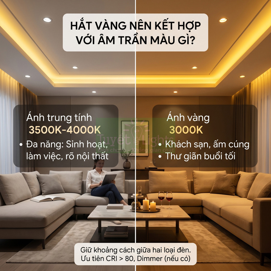 Phòng khách với trần thạch cao hắt vàng so sánh ánh sáng trung tính 3500K 4000K và ánh sáng vàng 3000K