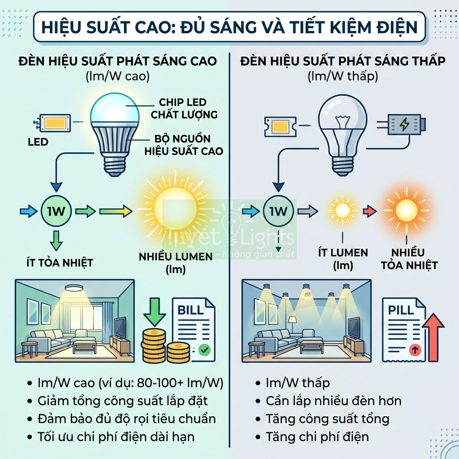 So sánh đèn LED hiệu suất cao và đèn hiệu suất thấp về độ sáng, tỏa nhiệt và chi phí điện trong phòng khách
