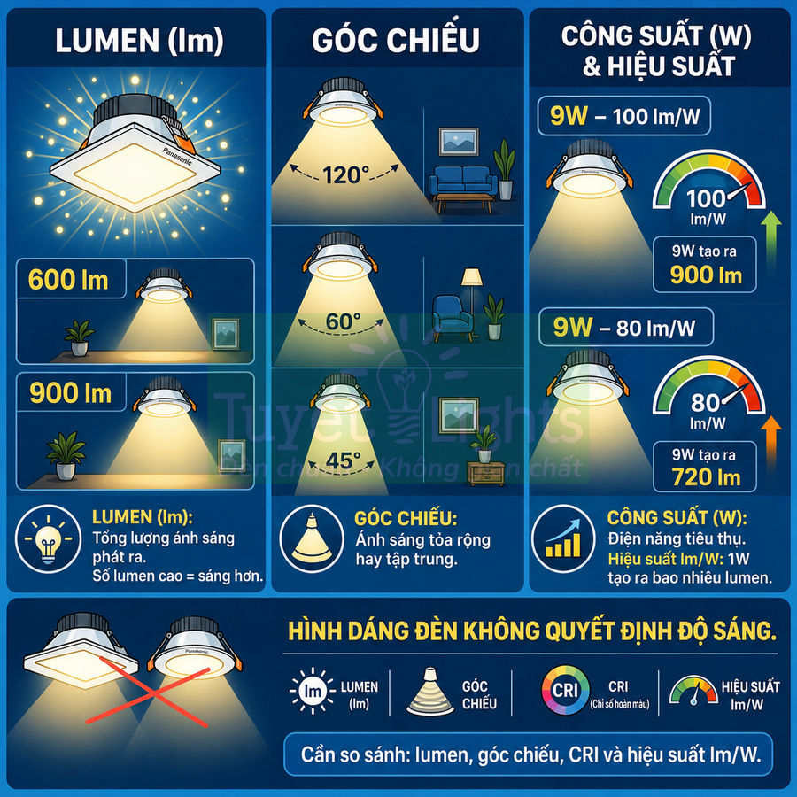 Infographic đèn LED Panasonic downlight so sánh lumen, góc chiếu, công suất và hiệu suất chiếu sáng