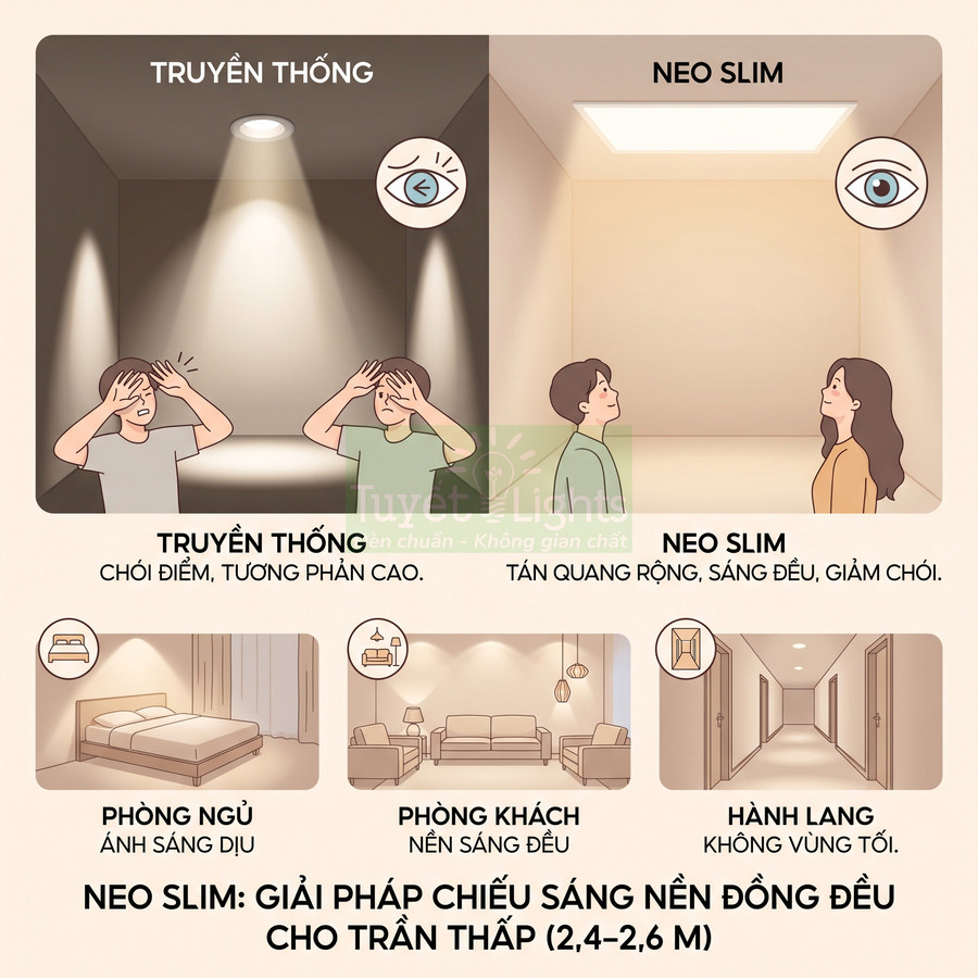 Đèn trần Neo Slim chiếu sáng nền đồng đều, giảm chói cho phòng ngủ, phòng khách và hành lang trần thấp