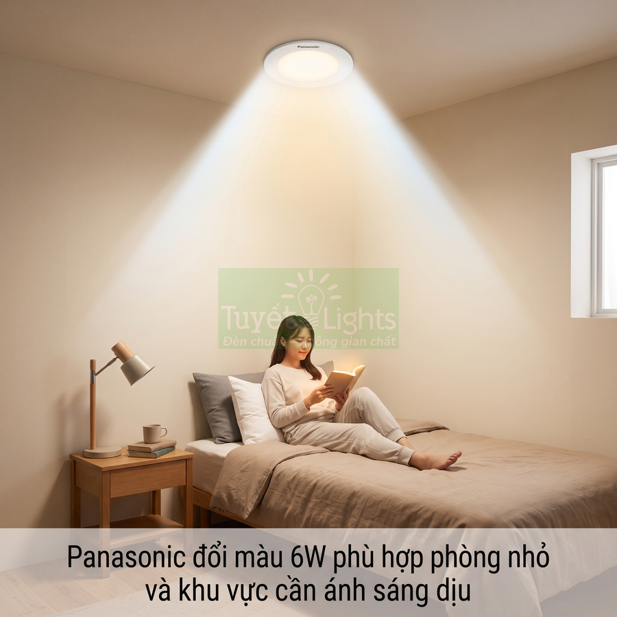 Đèn ốp trần Panasonic đổi màu 6W chiếu sáng dịu cho phòng ngủ nhỏ, phù hợp đọc sách trên giường
