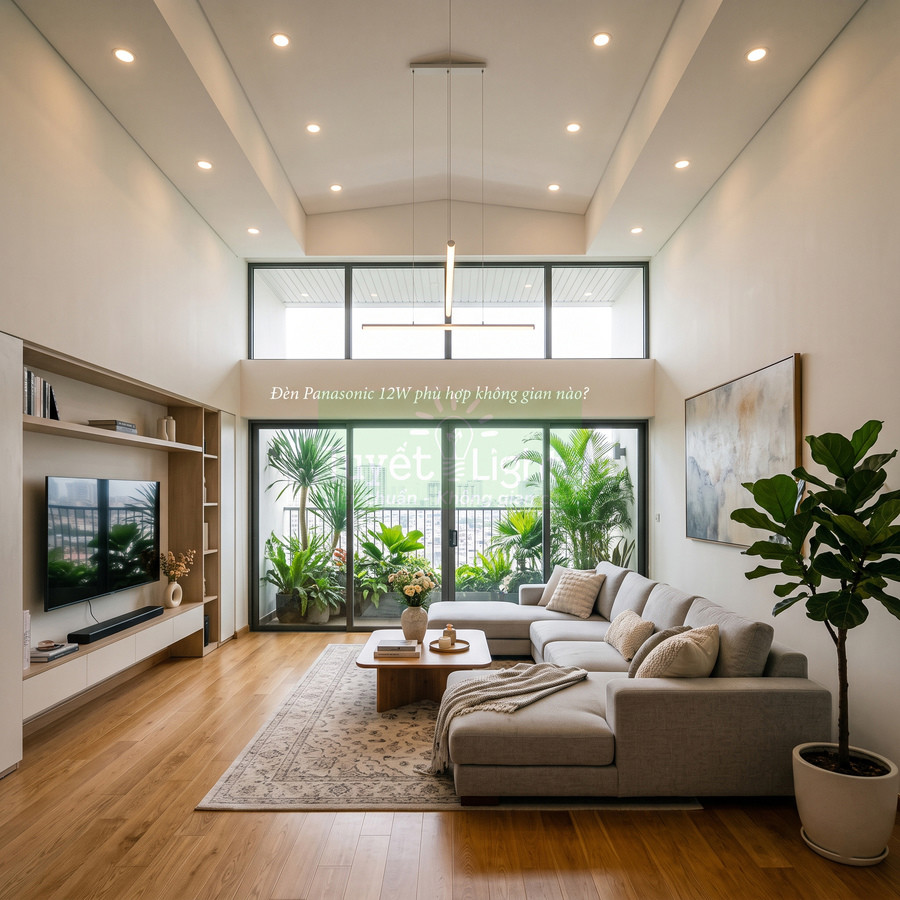 Đèn LED âm trần Panasonic 12W chiếu sáng phòng khách hiện đại với sofa xám và cửa kính lớn nhiều cây xanh