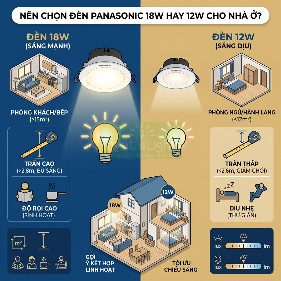 So sánh đèn LED âm trần Panasonic 18W và 12W cho phòng khách, bếp, phòng ngủ, hành lang trong nhà ở