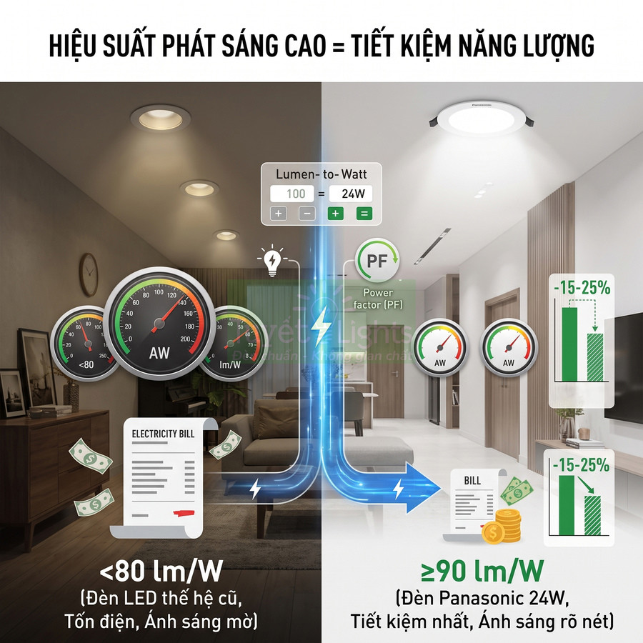 So sánh đèn LED cũ với đèn LED Panasonic 24W hiệu suất cao tiết kiệm điện và cho ánh sáng rõ nét