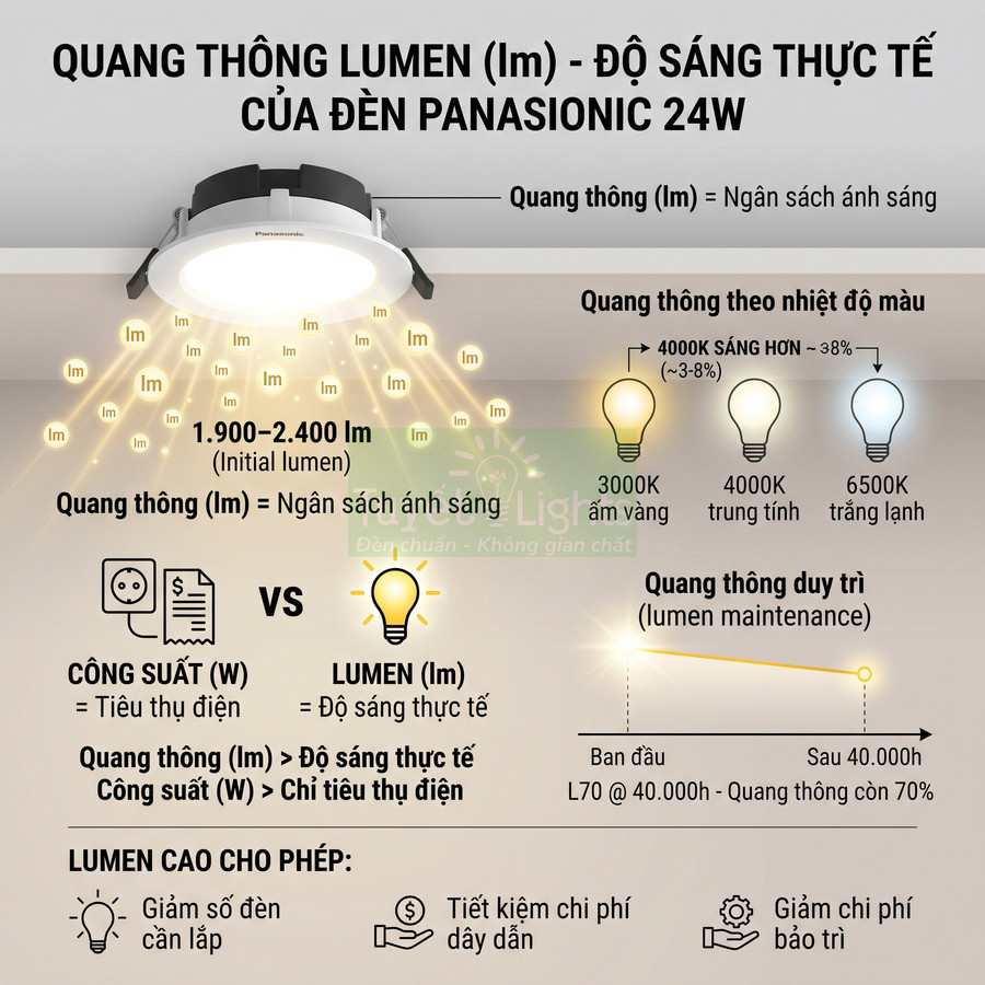 Đèn LED âm trần Panasonic 24W quang thông cao 1900–2400 lumen với các mức nhiệt màu 3000K 4000K 6500K