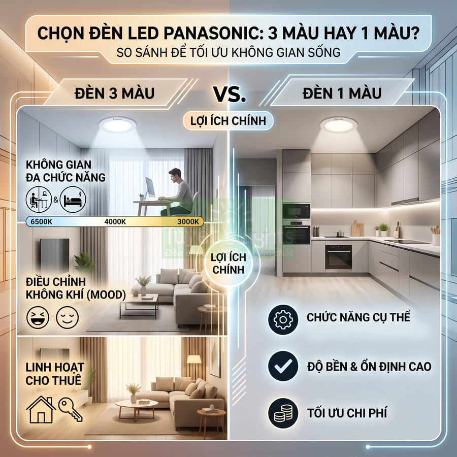 So sánh đèn LED Panasonic 3 màu và 1 màu cho phòng khách và bếp, nêu rõ lợi ích và ứng dụng từng loại