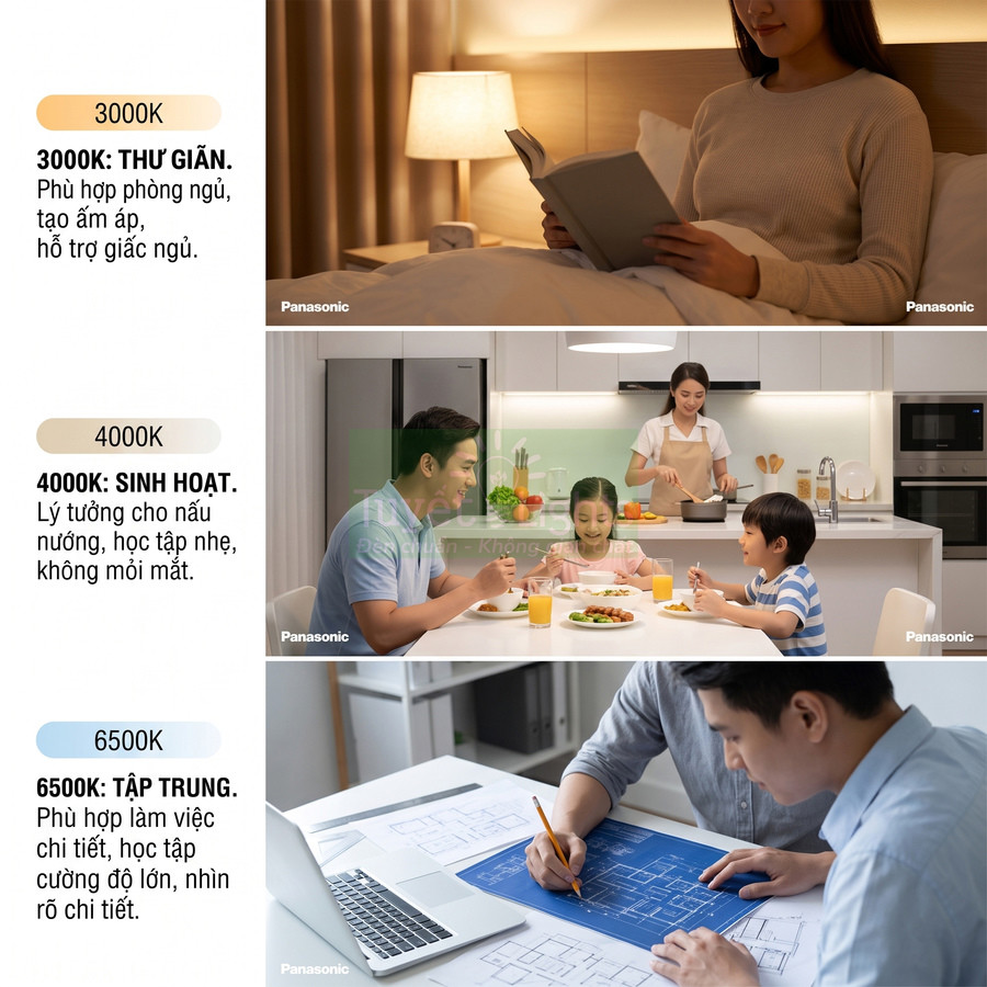 Đèn LED Panasonic với ba mức nhiệt màu 3000K 4000K 6500K cho thư giãn sinh hoạt và tập trung làm việc