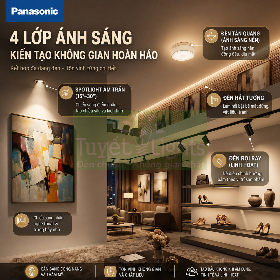 Đèn chiếu sáng Panasonic cho phòng khách hiện đại với spotlight âm trần, đèn hắt tường và đèn rọi ray