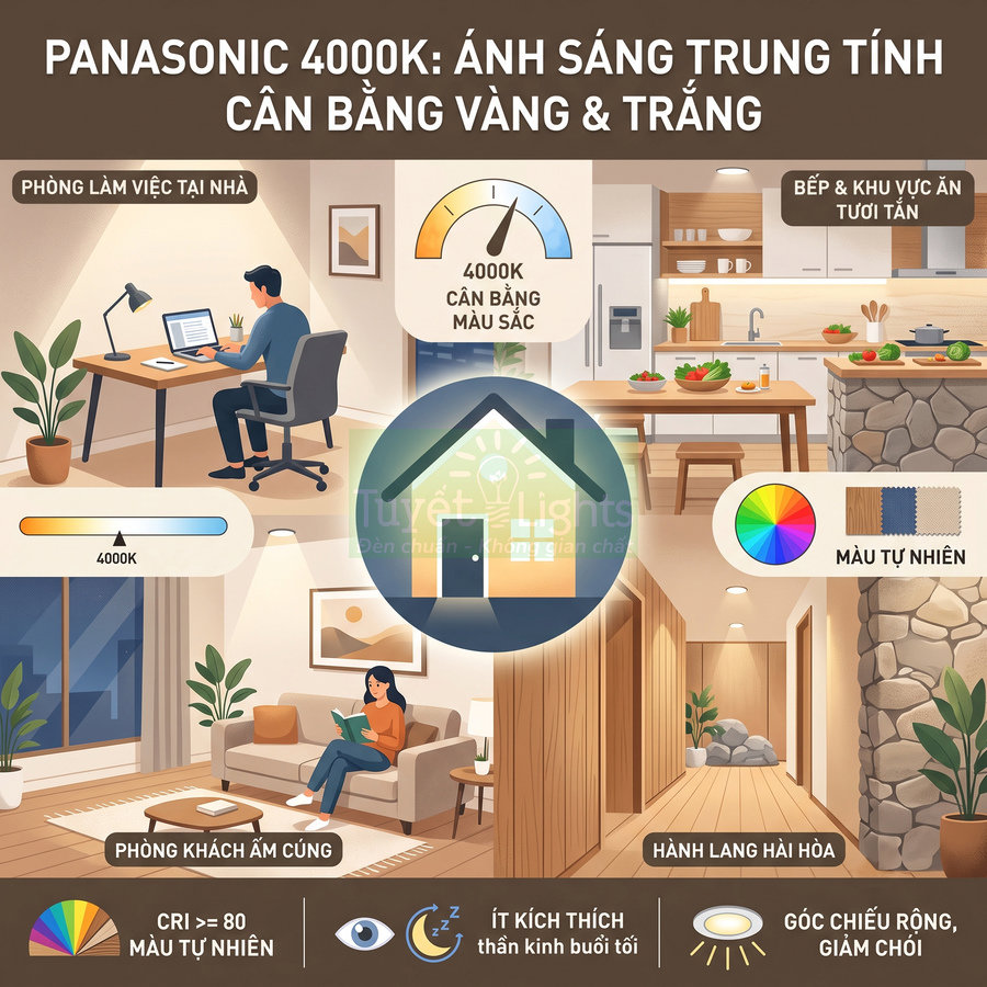 Đèn LED Panasonic 4000K ánh sáng trung tính cho phòng khách, bếp, hành lang và góc làm việc tại nhà