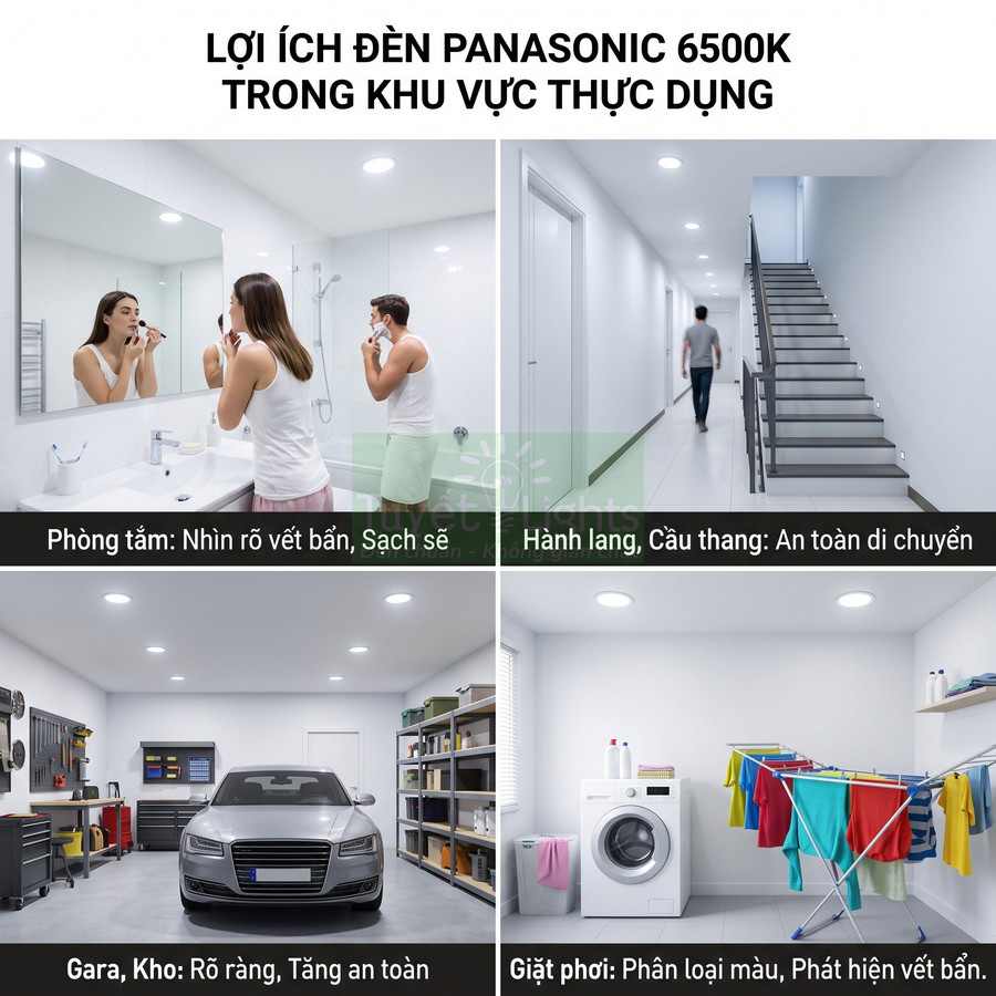 Ứng dụng đèn Panasonic 6500K chiếu sáng phòng tắm, hành lang, gara và khu giặt phơi trong nhà