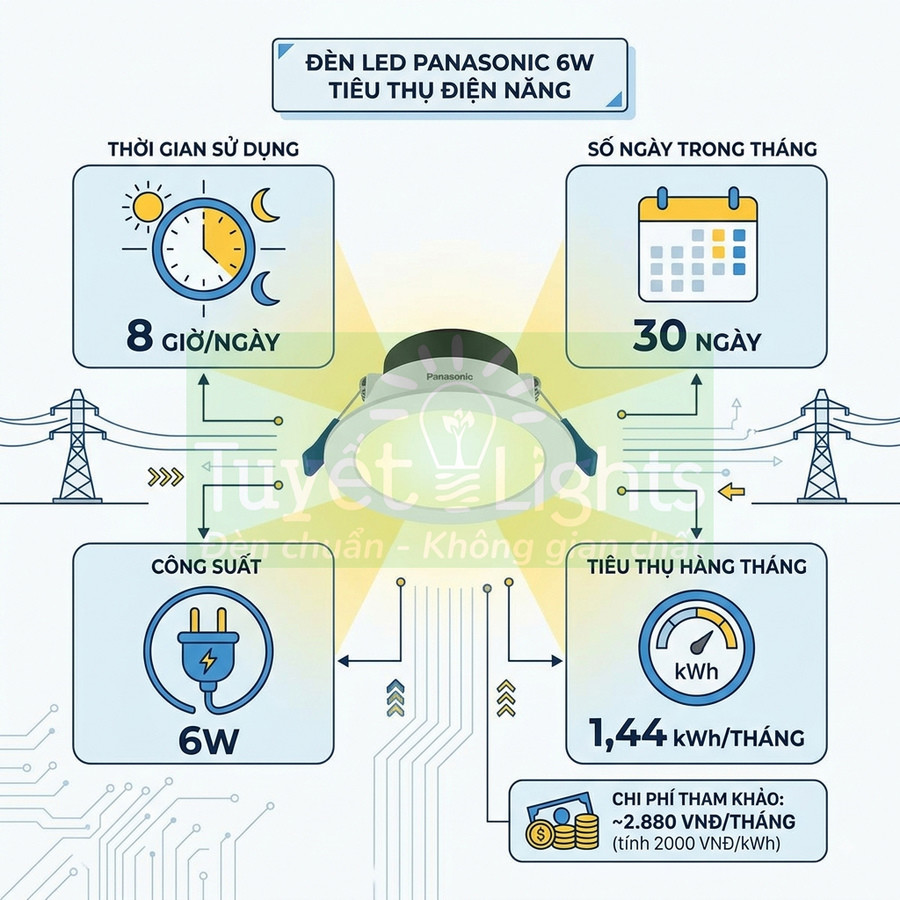 Đèn LED Panasonic 6W âm trần, infographic mức tiêu thụ điện 1,44 kWh mỗi tháng