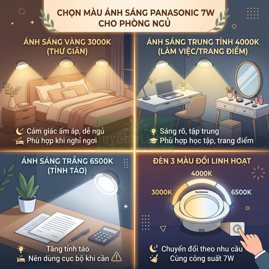Đèn LED Panasonic 7W đổi 3 màu 3000K 4000K 6500K cho phòng ngủ, phù hợp thư giãn, học tập và làm việc