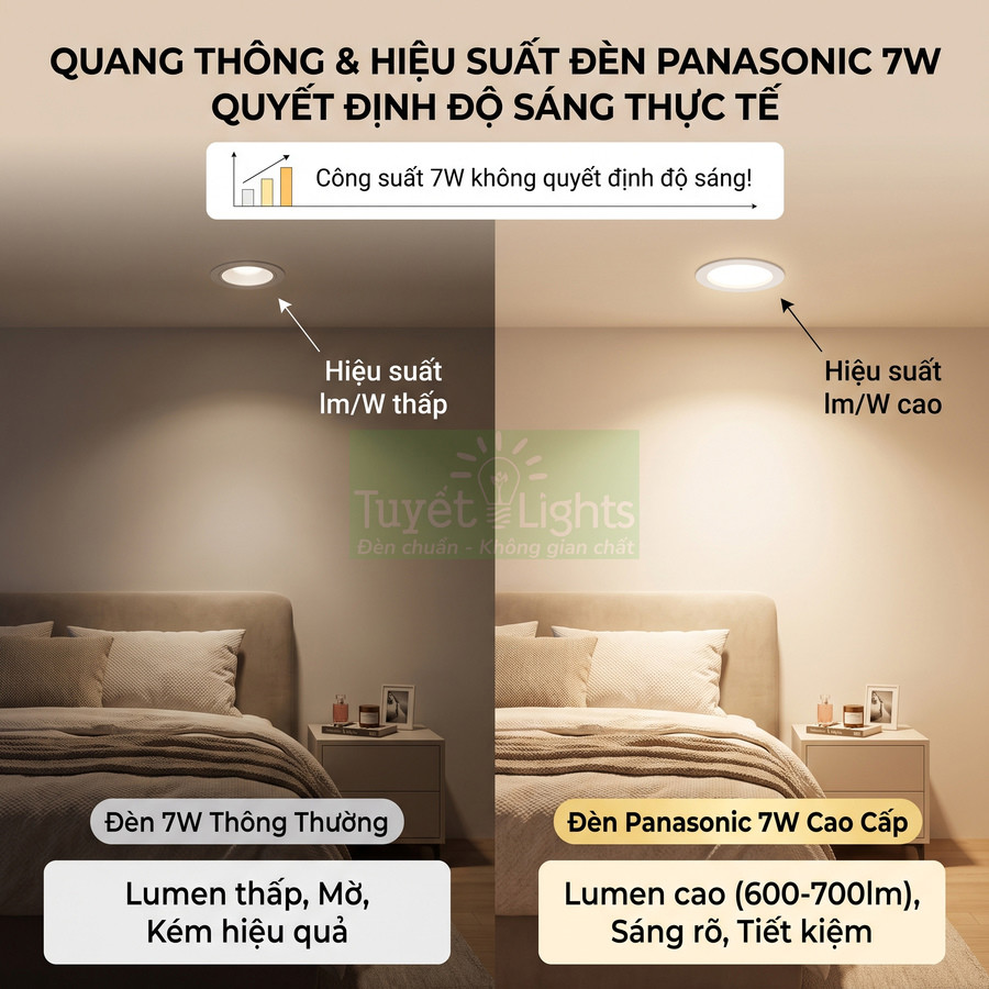 So sánh độ sáng đèn Panasonic 7W cao cấp và đèn 7W thường trong phòng ngủ, minh họa hiệu suất và lumen khác nhau