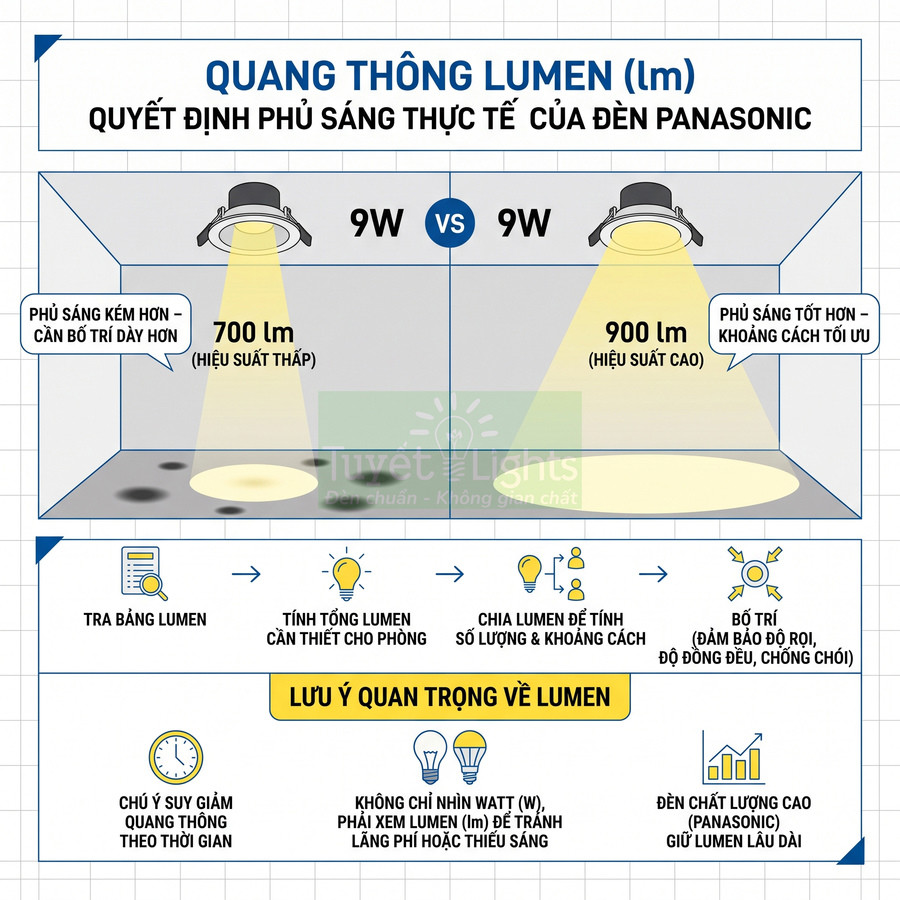 So sánh quang thông lumen của đèn âm trần Panasonic 9W hiệu suất thấp 700 lm và hiệu suất cao 900 lm