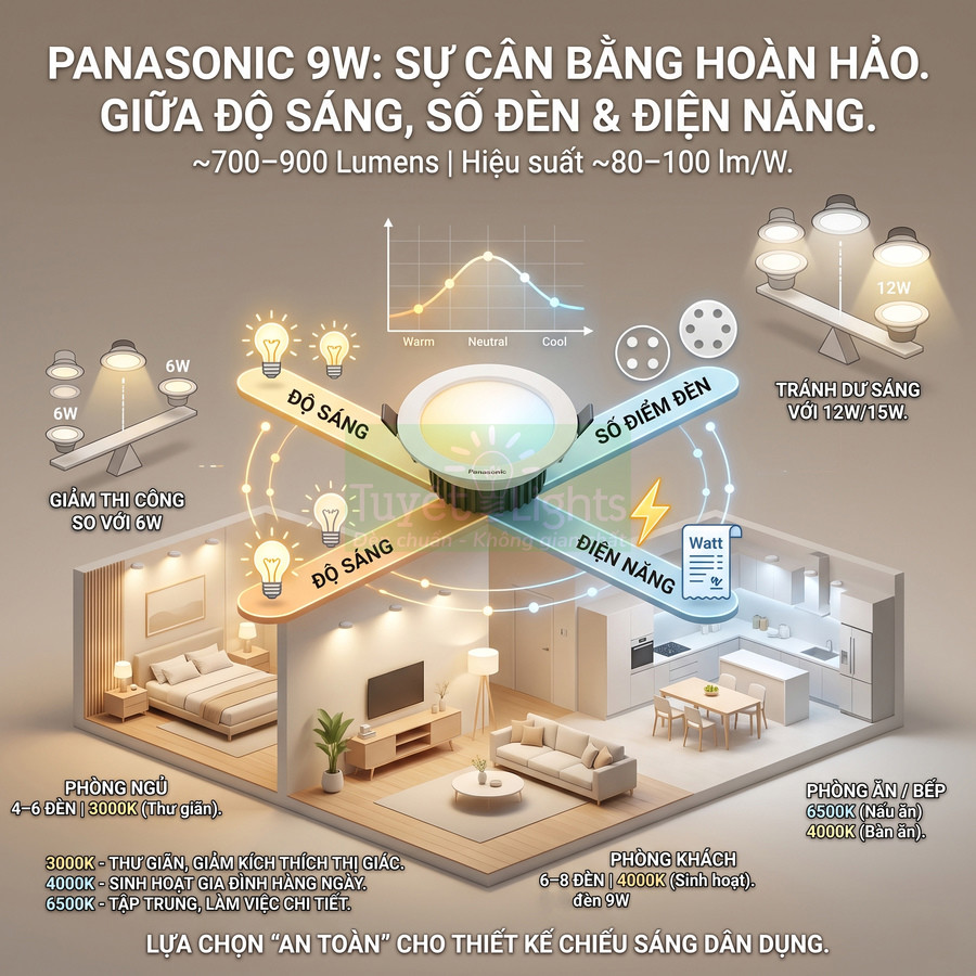 Đèn LED Panasonic 9W chiếu sáng phòng ngủ, phòng khách và bếp với độ sáng cân bằng, tiết kiệm điện
