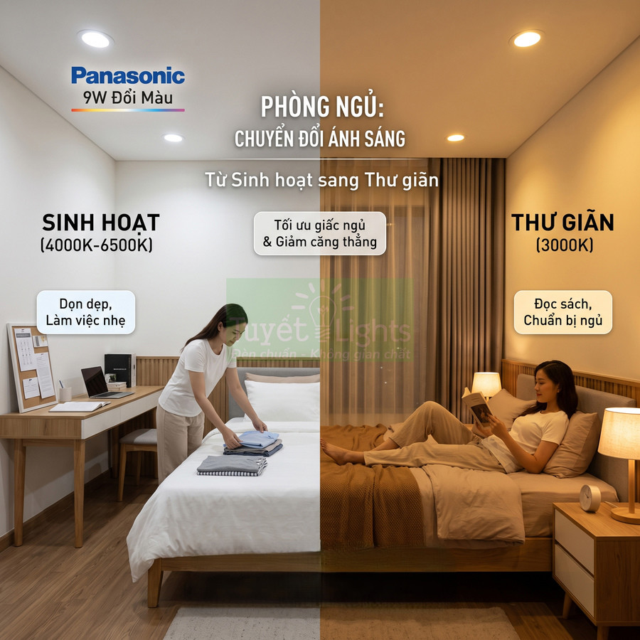 Đèn LED Panasonic 9W đổi màu cho phòng ngủ, ánh sáng trắng sinh hoạt và vàng thư giãn hỗ trợ làm việc và đọc sách