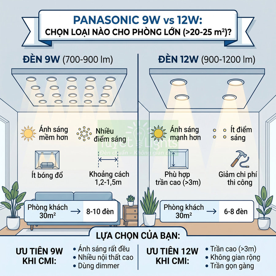 So sánh đèn LED âm trần Panasonic 9W và 12W cho phòng khách 30m2, hướng dẫn chọn số lượng đèn phù hợp
