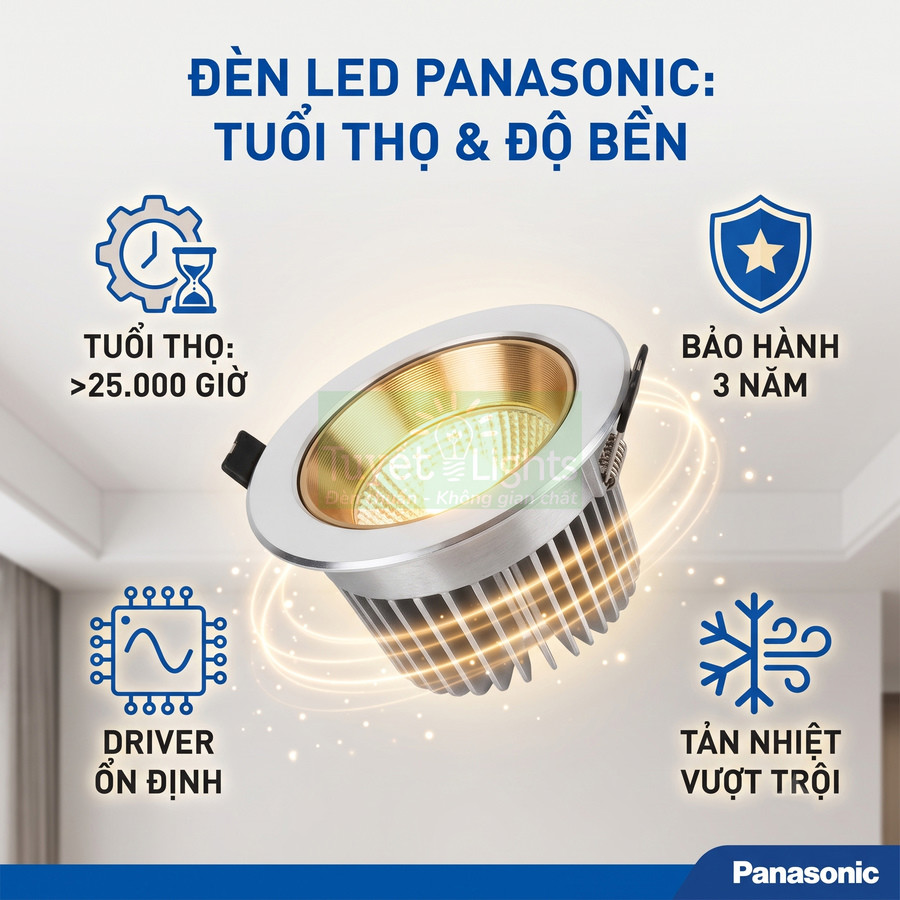 Đèn LED âm trần Panasonic cao cấp, tuổi thọ trên 25000 giờ, tản nhiệt tốt, bảo hành 3 năm
