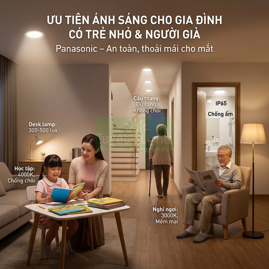 Đèn LED Panasonic chiếu sáng phòng khách, bàn học trẻ em, cầu thang và phòng tắm cho gia đình có trẻ nhỏ, người già