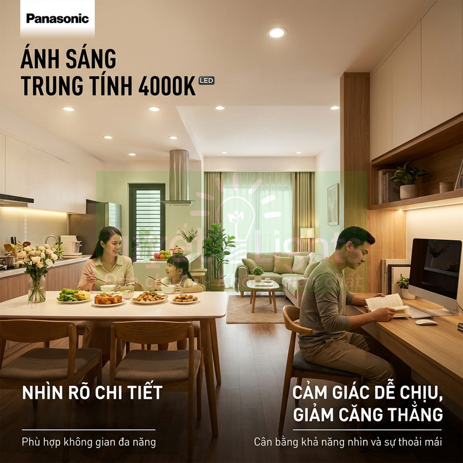 Đèn LED Panasonic ánh sáng trung tính 4000K chiếu sáng phòng bếp và phòng làm việc gia đình