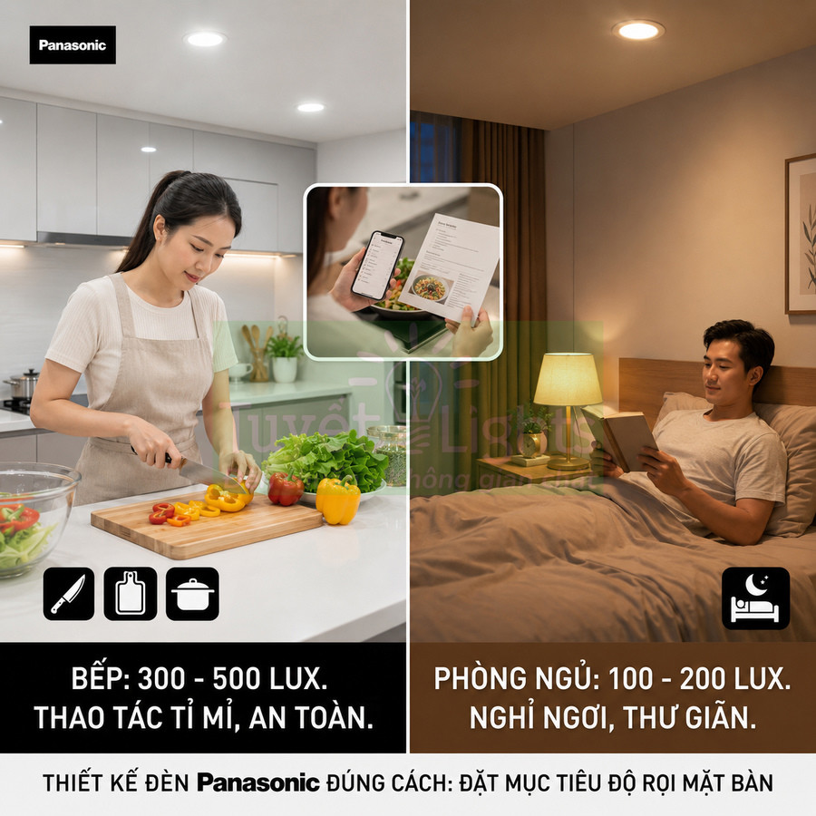 Đèn LED Panasonic cho bếp và phòng ngủ với độ rọi phù hợp cho nấu ăn, đọc sách, thư giãn
