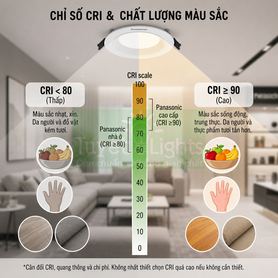 Đèn downlight Panasonic với chỉ số CRI cao cho màu sắc trung thực trong không gian phòng khách