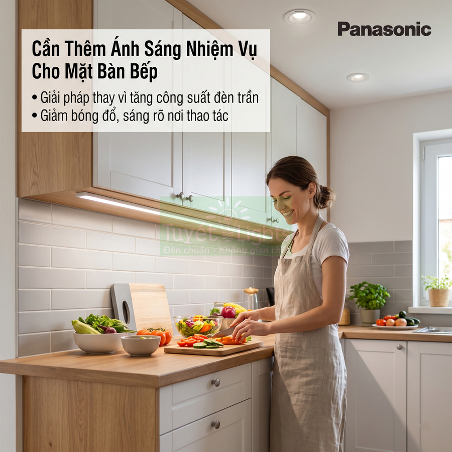 Đèn LED Panasonic chiếu sáng mặt bàn bếp, giúp người phụ nữ chuẩn bị rau củ tươi sáng rõ