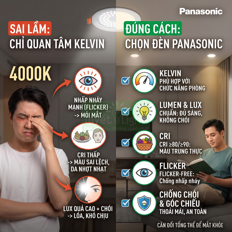 So sánh tác hại đèn thường và lợi ích đèn LED Panasonic chống nhấp nháy, chống chói cho mắt khỏe